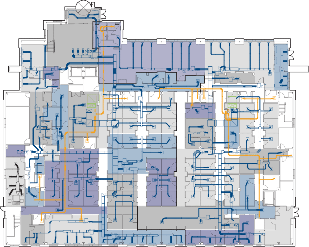 3D floor plan with zones and ductwork - QA Graphics