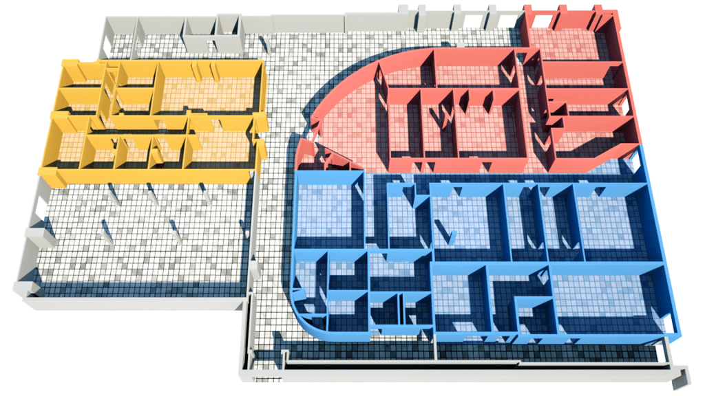 3D floor plan with colored zones