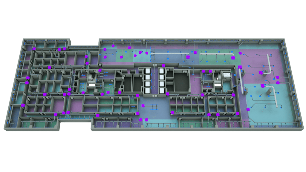 3D floor plan with interior zones and ductwork