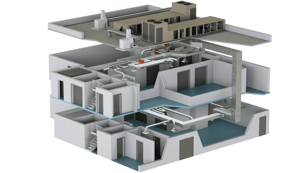 3D floor plan stacked with HVAC equipment