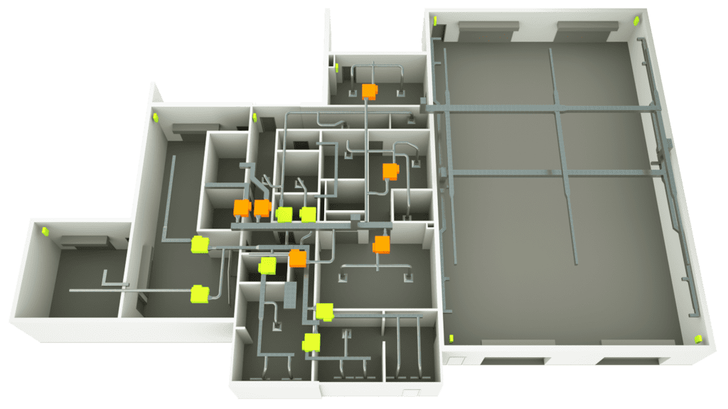 3D Floor plan with bright colored ductwork placed