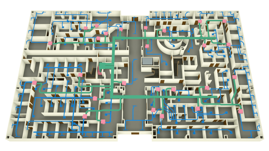 3D rendered floorplan with custom pastel colored ductwork