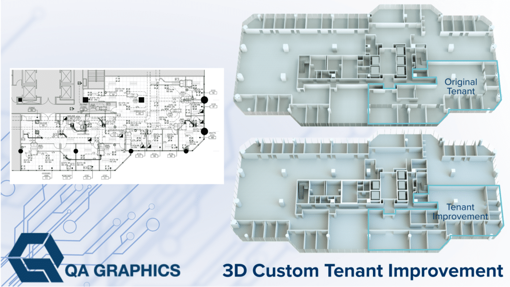 Original Tenant vs. Tenant Improvement 3D floor plans by QA Graphics.