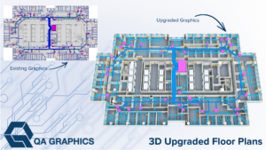 Comparison of 2D and 3D floor plans by QA Graphics, showing upgraded graphics.